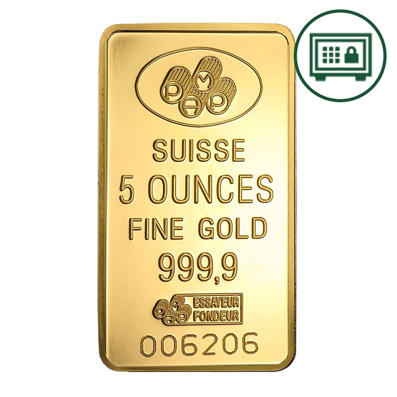 5 oz Gold Bar- PAMP Suisse Lady Fortuna (w/ Assay) - Secure Storage 1