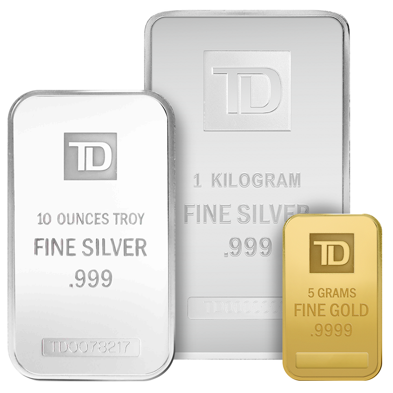 Buy the 5 gram TD Gold Bar, 10 oz and 1 kg TD Silver Bars
